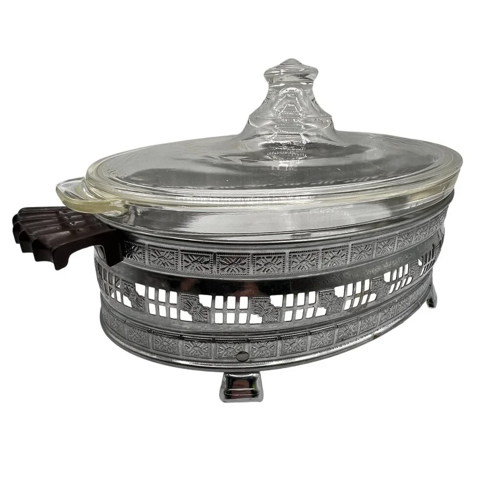Pyrex 1.5qt Vintage Oval Glass Casserole Dish Etched Silver Plated Footed Holder